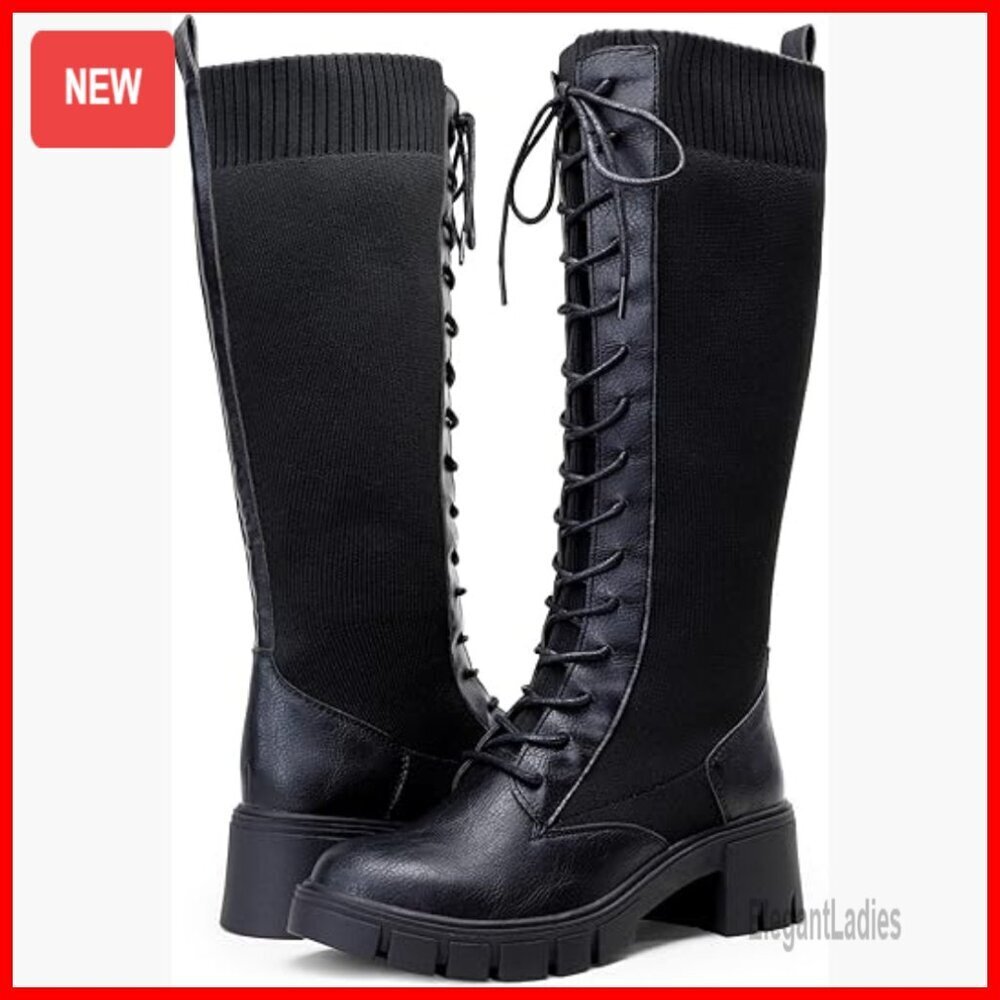 Knee High Combat Boots Chunky Platform Heel Lace Up Gothic Punk Work Boots